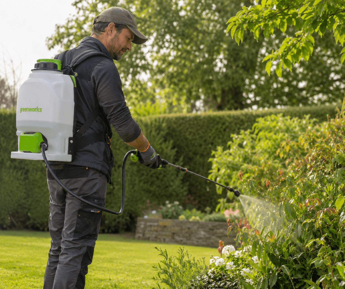Un jardinier avec un pulvérisateur électrique à dos